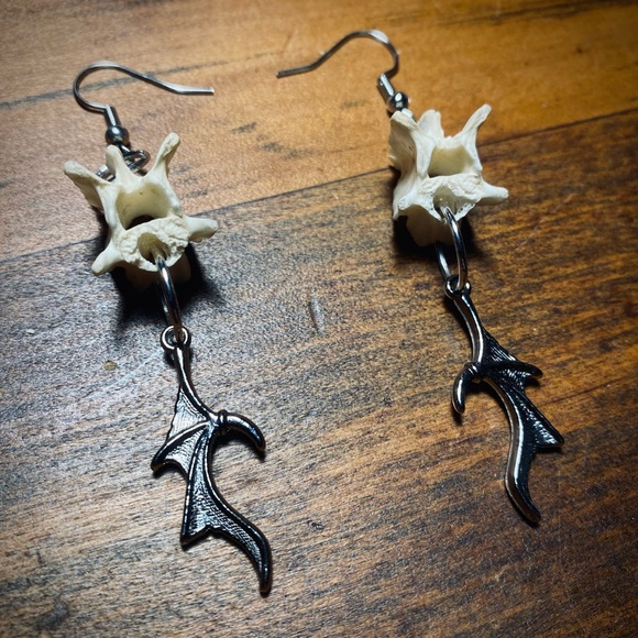 Bouquet Of Bones Jewelry - Real Possum Vertebrae Bone Batwing Earrings